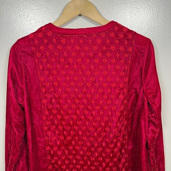 John Mark Velvet Tunic Top Size Small Red Embroidered Roll Tab Sleeve Peasant - Picture 8 of 10